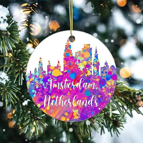 Miniatura 6 de Two-Side Printed Netherlands-Rotterdam Ceramic Christmas Ornament Novelty for Family Friends Kids Colorful City Painting Christmas Keepsake Pendants