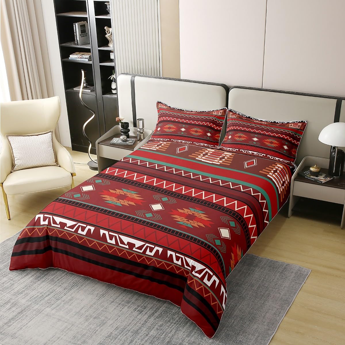 jejeloiu Boho Bedding Set Twin Size Kids Southwestern Native Aztec Comforter Cover for Boys Girls Teens Southwest Native American Design 100% Cotton Duvet Cover Dark Red,No Comforter