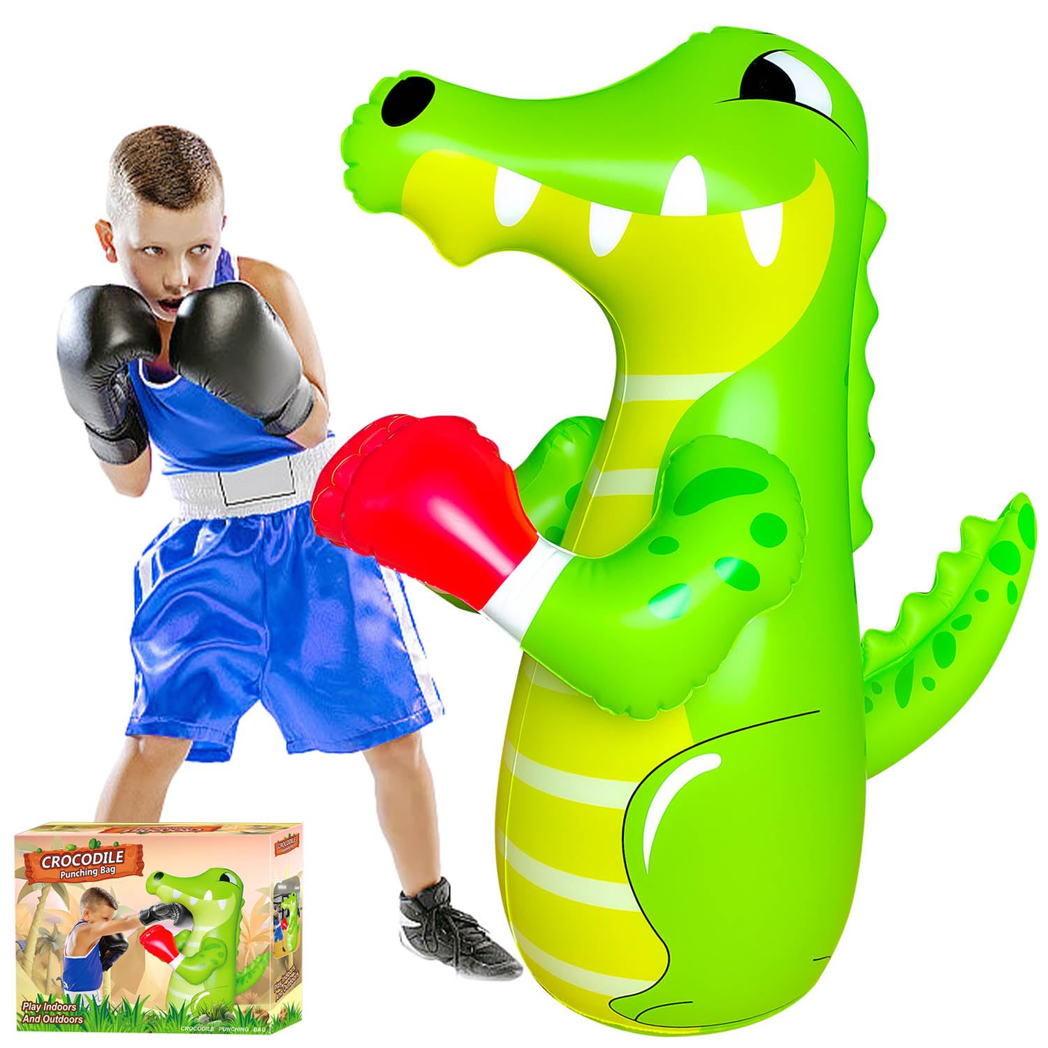 Saco de boxeo de 120 cm para niños, saco de boxeo de pedestal para niños, chupete inflable, saco de boxeo inflable de dinosaurio, saco de boxeo antiestrés para niños