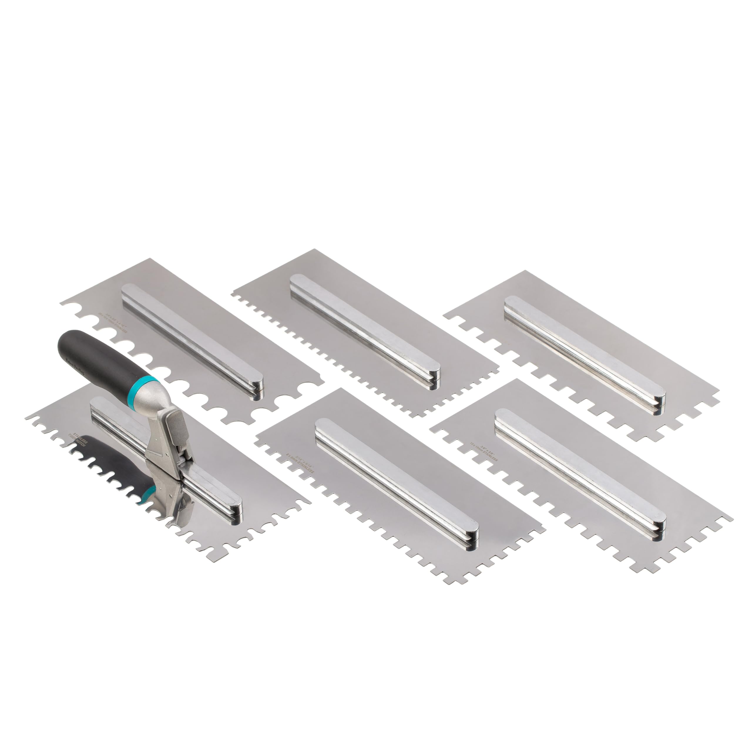 MIVOS Set di Frattazzi con manico staccabile e scatola per il trasporto - 6, 8, 10, 12 mm, Tipo U, tipo Tiger - 6 Frattazzi dentati - Frattazzi in acciaio inox con impugnatura morbida - Cazzuola