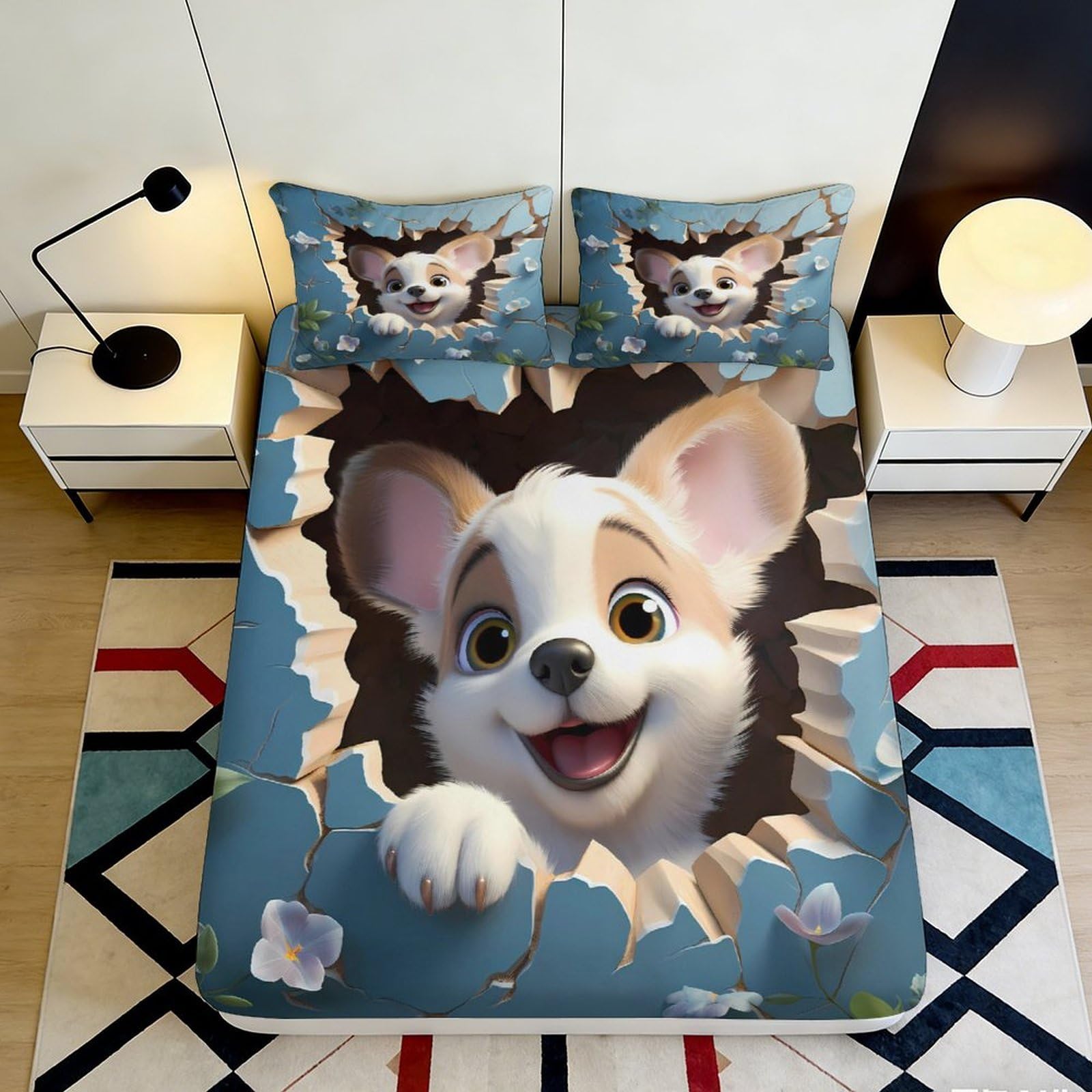 3D Printed Cartoon Dog Fitted Sheet Microfiber Deep Pocket Bedding Set Cartoon Dog Mattress Fitted Cover Elastic Hem Non-Slip Washable for All Ages 200x200x25cm