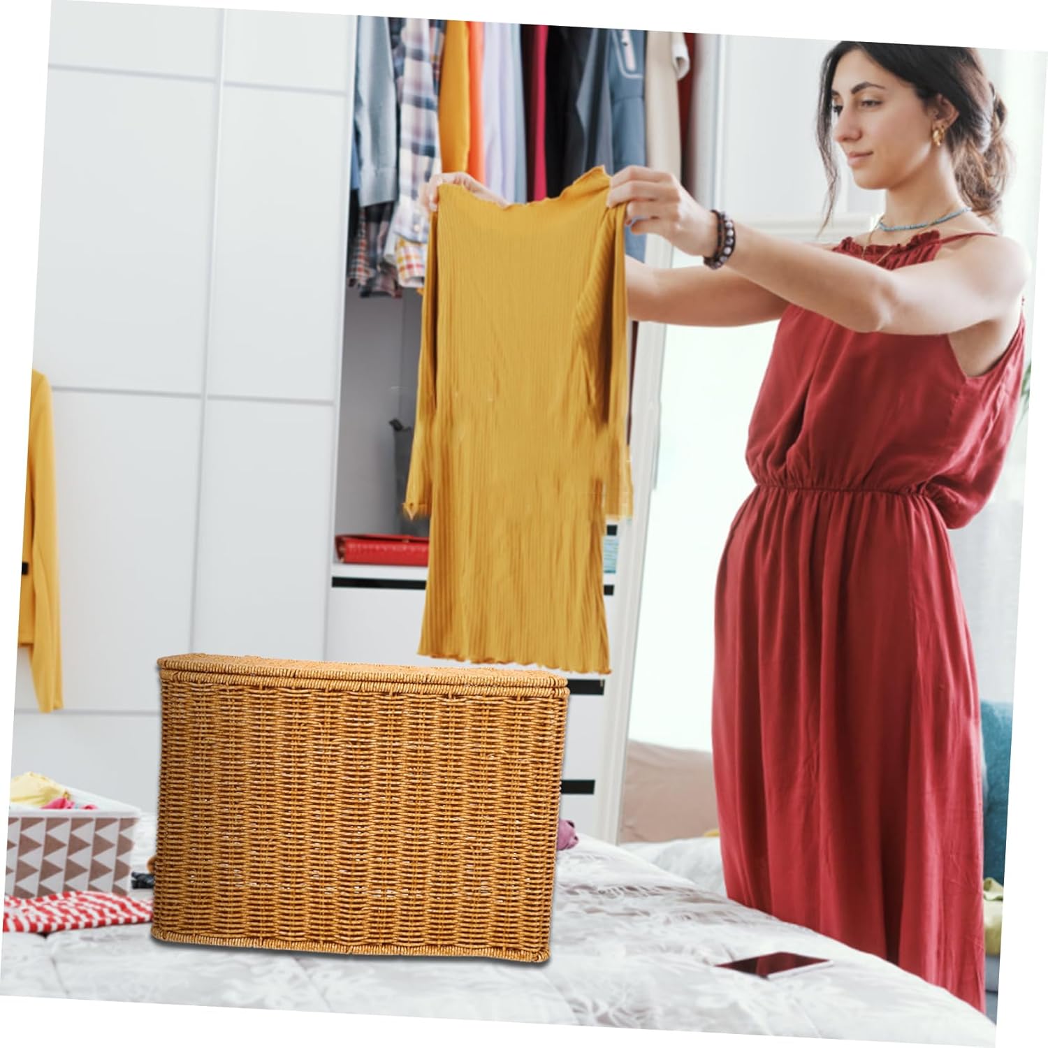 Kichvoe Woven Storage Basket with Lid and Handle Portable Sundries Organizer for Magazines and Items Stylish Decorative Basket for Home and Office Use Narrow Design