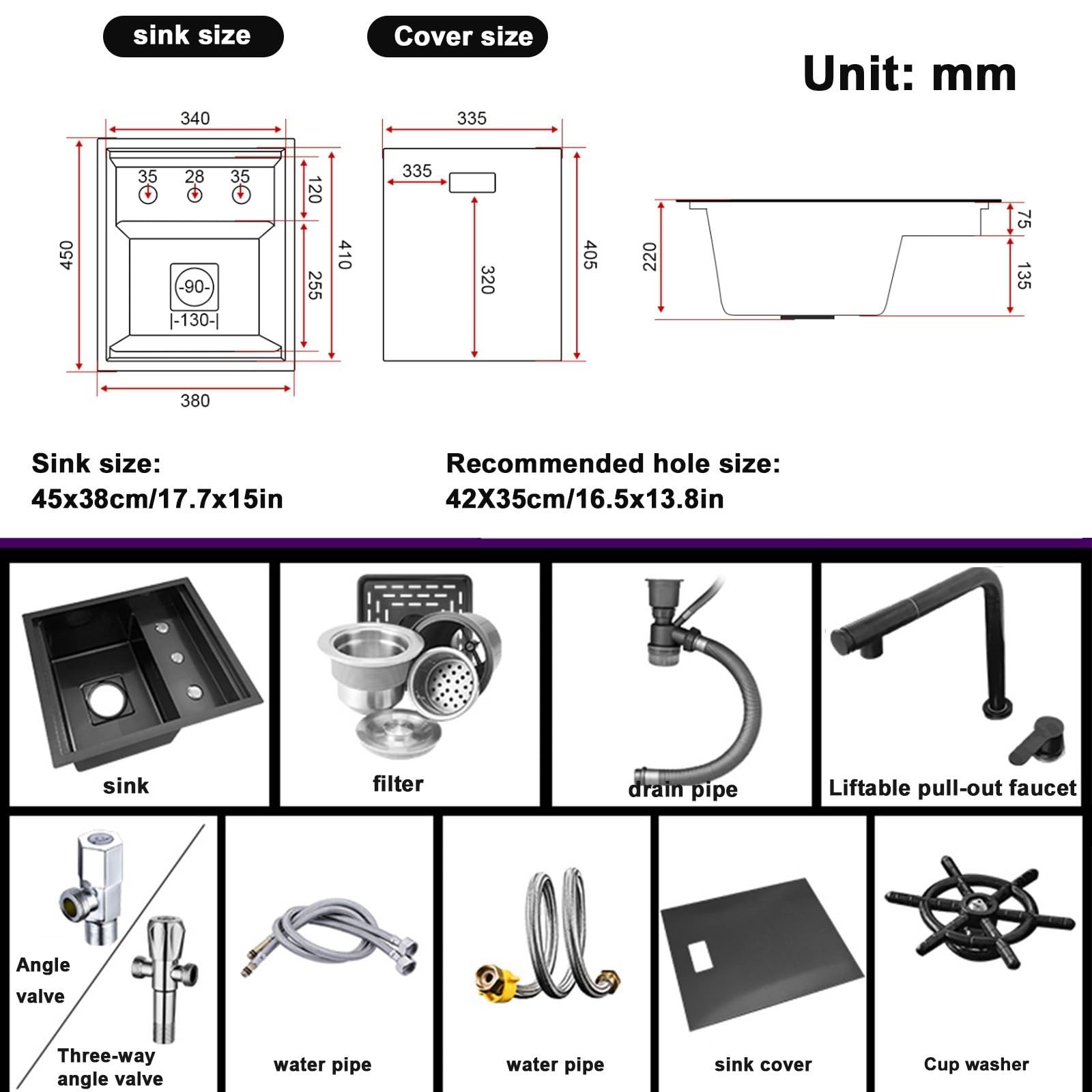 Fregadero De Cocina Con Grifo Extraíble 45×38 Cm De Acero Inoxidable 304 Con Lavavasos Y Kit De Instalación Completo Montaje Bajo Encimera/sobre Encimera Para Apartamentos Autocaravanas Bares