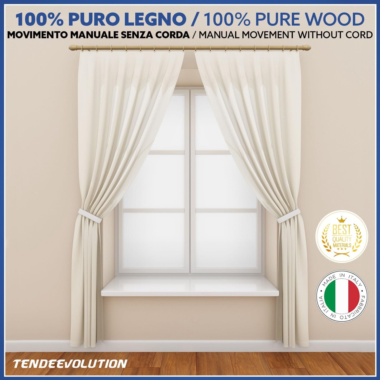 TENDEEVOLUTION Bastone Tenda Legno con Anelli e Accessori, Diametro 23 mm, Lunghezza da 100 a 200 cm Movimento Manuale. Bastone Tenda Bianco e Altri Colori con Supporti e Terminali (NATURALE, 140 CM)