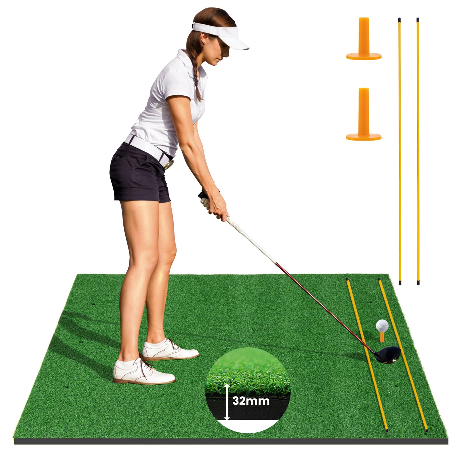 GOPLUS Tapete de Golf para Golpes, Tapete de Césped Artificial para Interior y Exterior, Alfombrilla de Golf con 2 Varillas de Alineación y 2 Tees para Amantes y Principiantes (152x117cm/27mm)