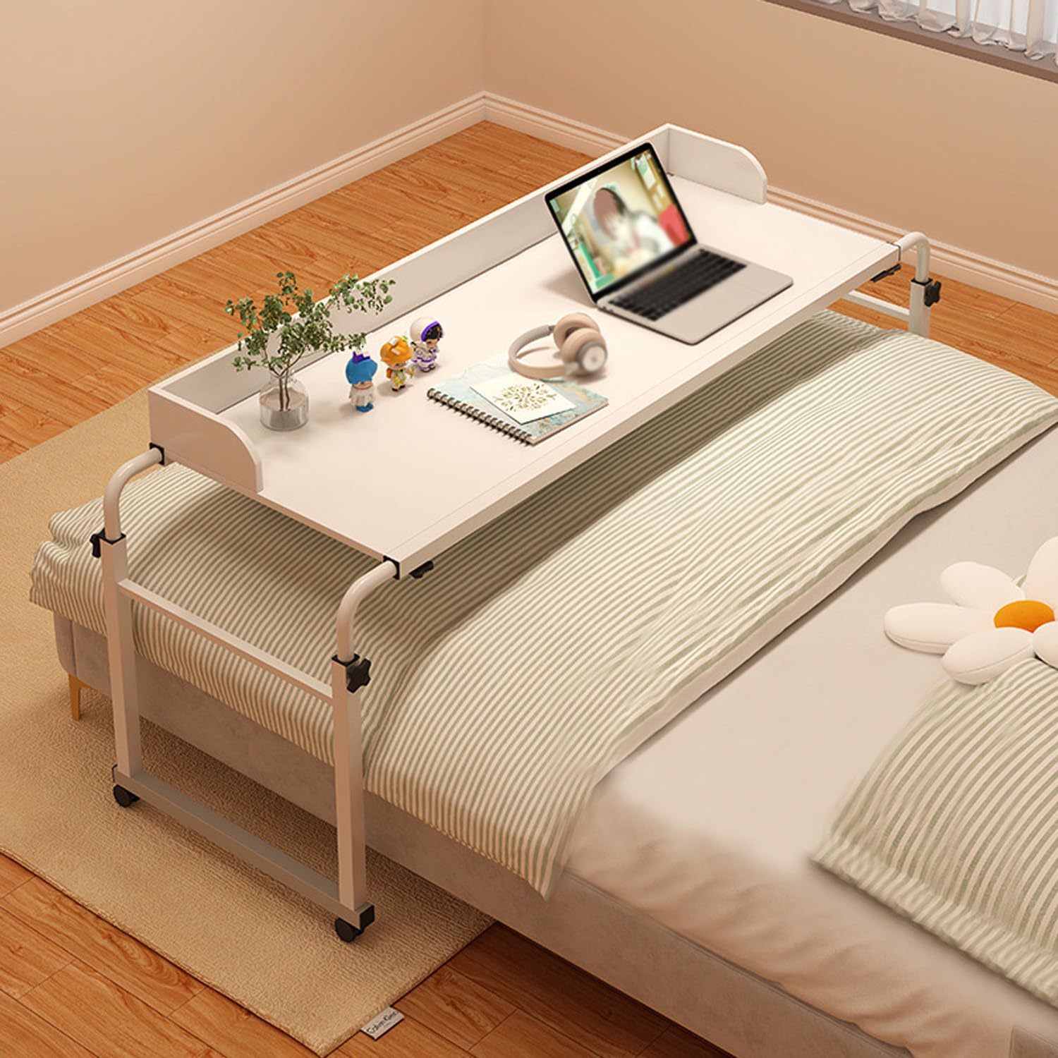 Letto Regolabile E Portatile，tavolino Da Letto Con Ruote Tavolo Servitore Regolabile Tavolo Servitore Per Letto Tavolo Servitore(Color:Bianco+)