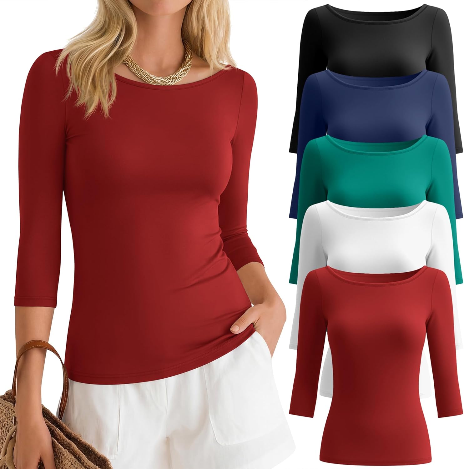 Ficerd 5 Pack 3/4 Sleeve Tops for Women Tight Boat Neck T Shirts Slim Fit Three Quarter Sleeve Tees Basic Casual Tops