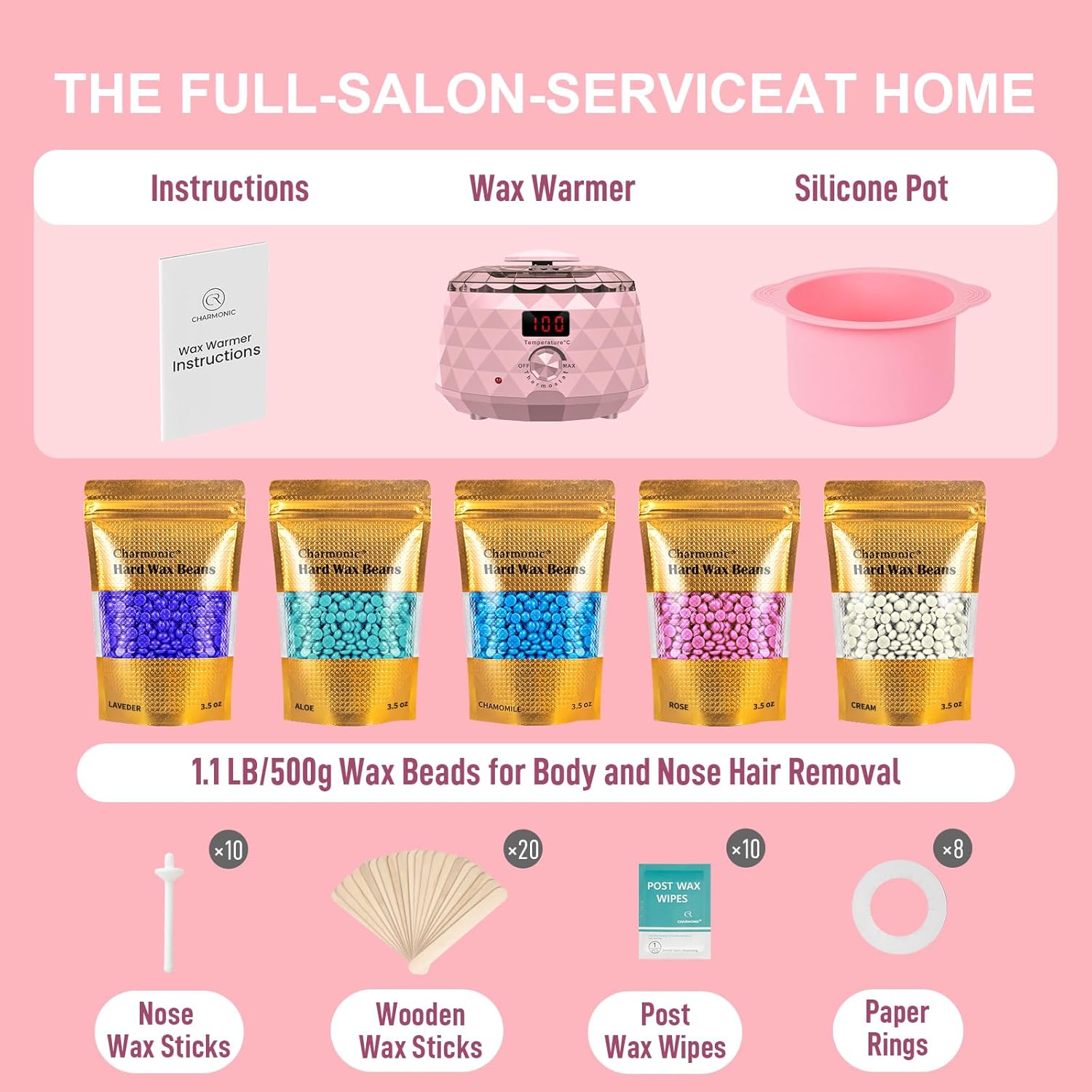 Charmonic Wax Warmer, Upgrade Digital Waxing Kit with Silicone Pot & 500g Hard Wax Beads for Whole Body Brazilian Bikini Legs Armpit Nose Hair Removal, Hot Wax Machine (Pink) - Image 2