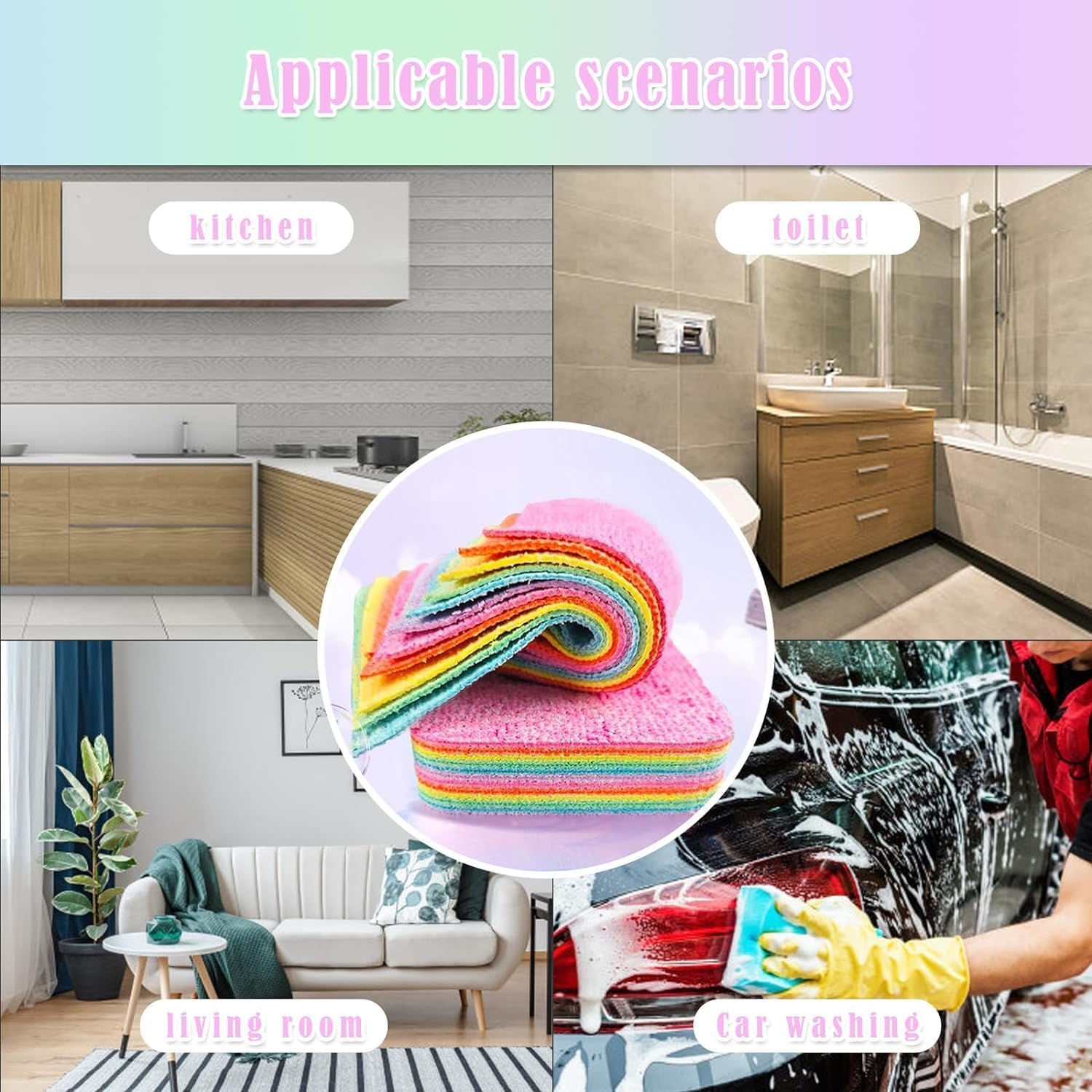 Dhamee Microfiber Zero Scratch Scrub Sponges,12-Layer Tearable Rainbow Rag, Reusable Dual Sided Dish Sponge,Rainbow Scrub Sponge, Multi-Purpose Cleaning Rag for Cars, Glass, Furniture 3