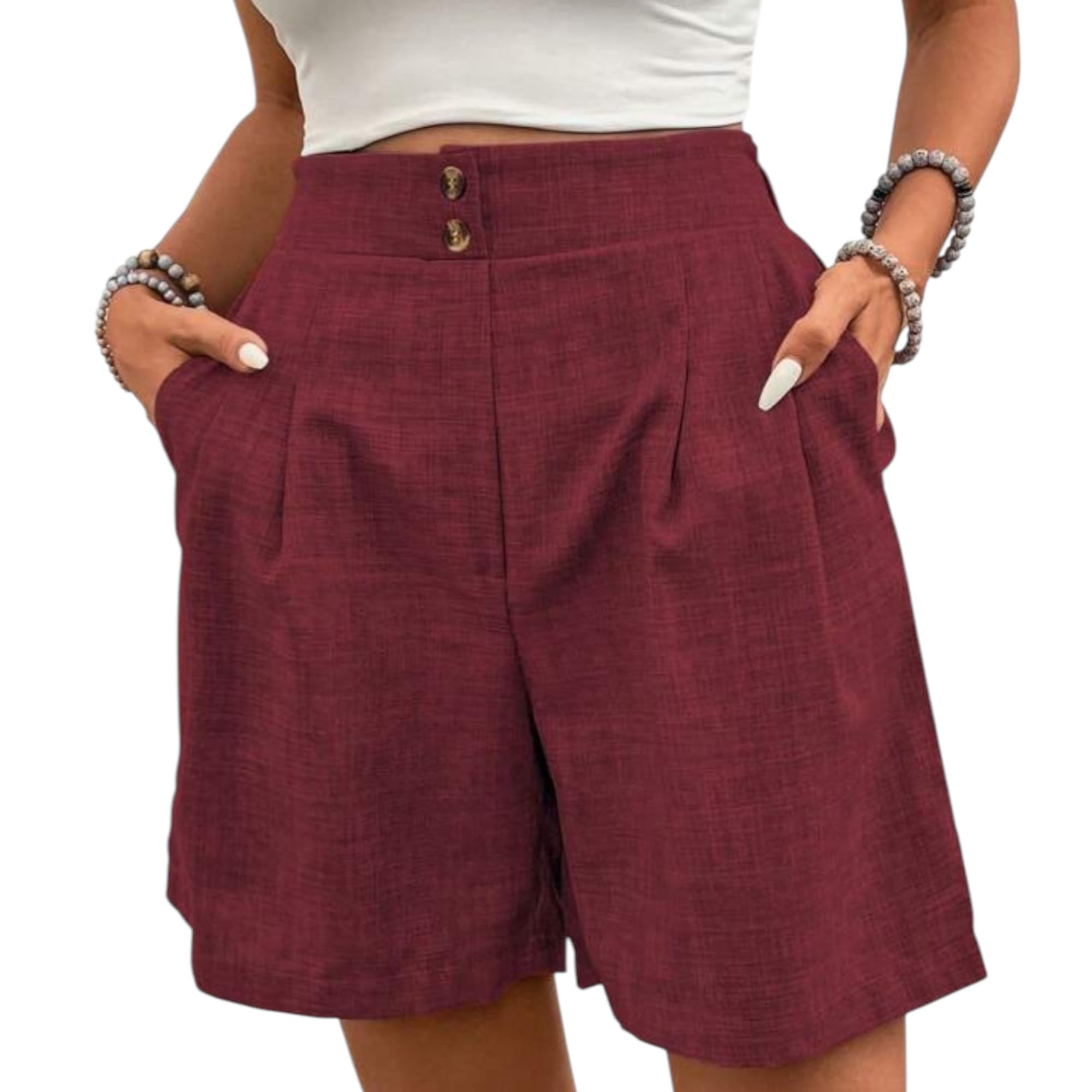 gufrina Women's Black High Waist Linen Blend Casual Shorts with Front Pleats and Side Pockets, Relaxed Fit Knee Length Bottom Wear-picture-45