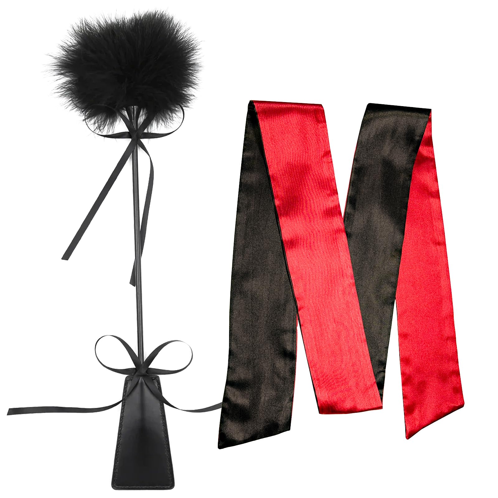 Feather Tickler &amp; Blindfold Kit, 14-Inch Feather Teaser, 59-Inch Blindfold Satin Mask, Faux Leather Tickler Teaser Stick, Luxurious Adult Toys Set
