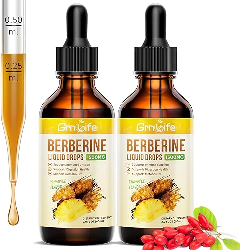 Suplemento de berberina, 1500 mg de gotas líquidas de berberina orgánica con canela de Ceilán, melón amargo - Apoya el sistema inmunológico y el