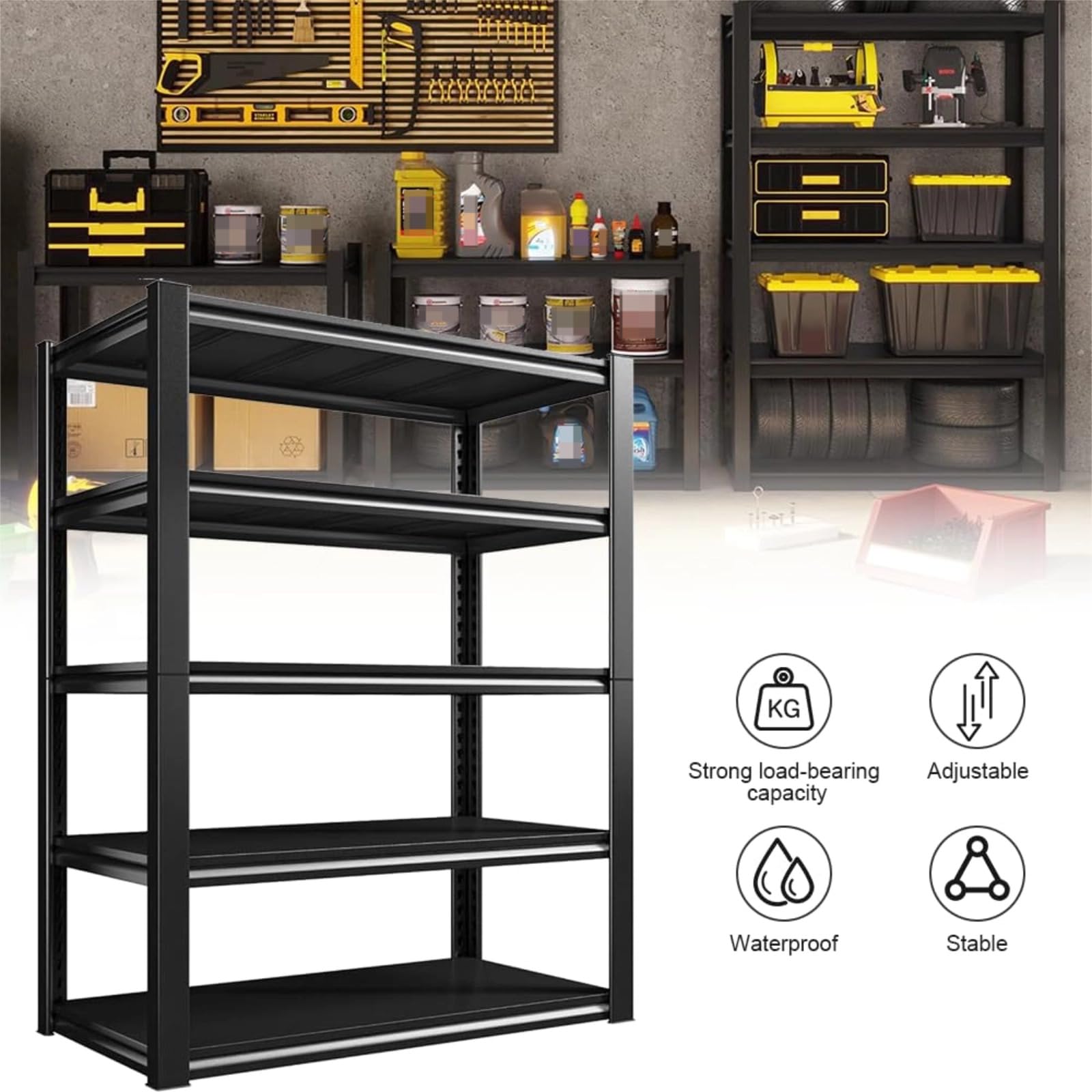 Scaffali in metallo regolabili a 5 ripiani resistenti con ruote bloccabili, scaffale indipendente industriale per garage, magazzini, capannoni, soluzione di nizzazione robusta e versatile (90 x 40 x