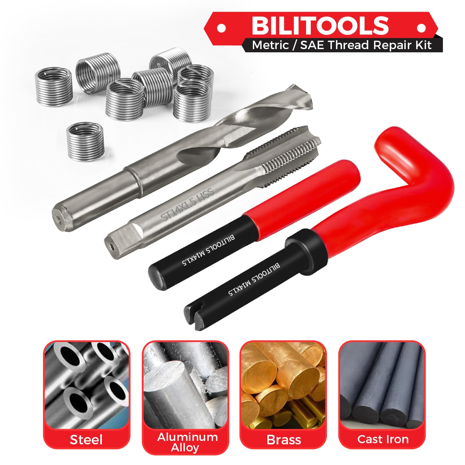 BILITOOLS Kit de reparación de rosca helicoidal M14x1.5 métrico, HSS kit de reparación de bobina helicoidal