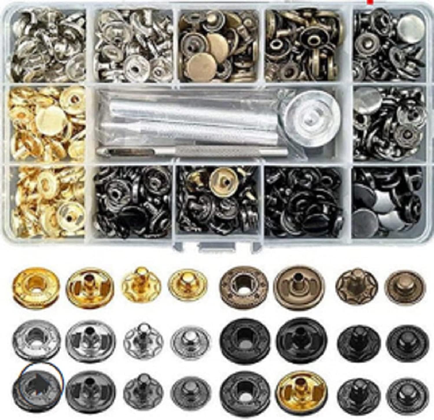 120pcs/Set Leather Snap Fasteners Kit, 12.5mm Metal Button Snaps Press Studs with 4 Installation Tools, 6 Color Leather Snaps for Clothes, Jackets, Jeans Wears, Bracelets, Bags