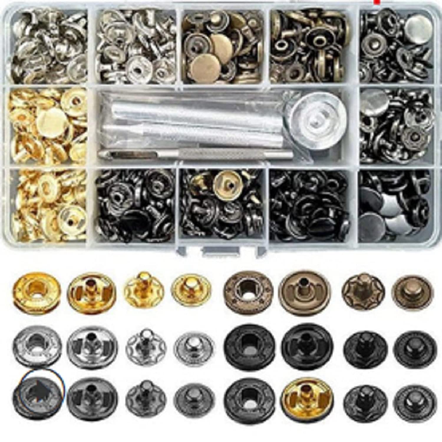 120pcs/Set Leather Snap Fasteners Kit, 12.5mm Metal Button Snaps Press Studs with 4 Installation Tools, 6 Color Leather Snaps for Clothes, Jackets, Jeans Wears, Bracelets, Bags