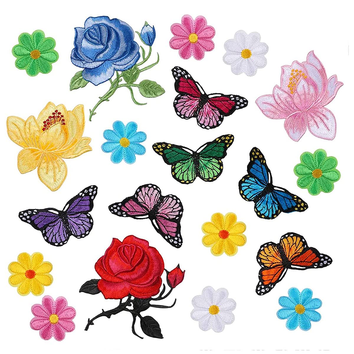 CTRLZS 20 Pcs Flowers Butterfly Iron on Patches Sew on Embroidery Applique Patches for Arts Crafts DIY Decor,Jeans,Jackets,Bags