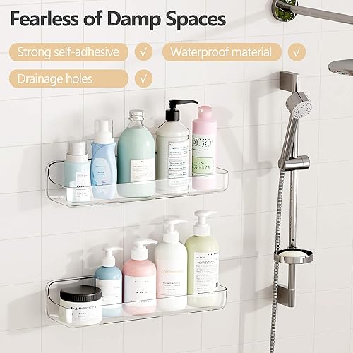 Miniatura 3 de UDD Estante adhesivo acrílico transparente para ducha, 2 organizadores de ducha de plástico con cinta autoadhesiva, estantes de ducha de montaje en