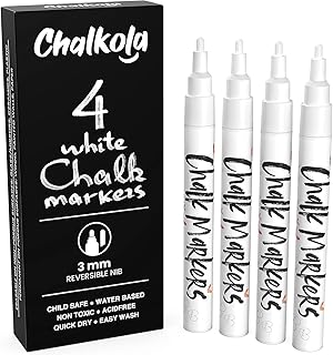 Chalkola Kreidestifte für Tafel Abwaschbar Weiß - 4 Kreidemarker Weiss 3mm Umkehrbare Spitze - Kreidestift Weiß für Fenster, Tafel, als Glasstift - Chalk Markers für Erwachsene und Kinder