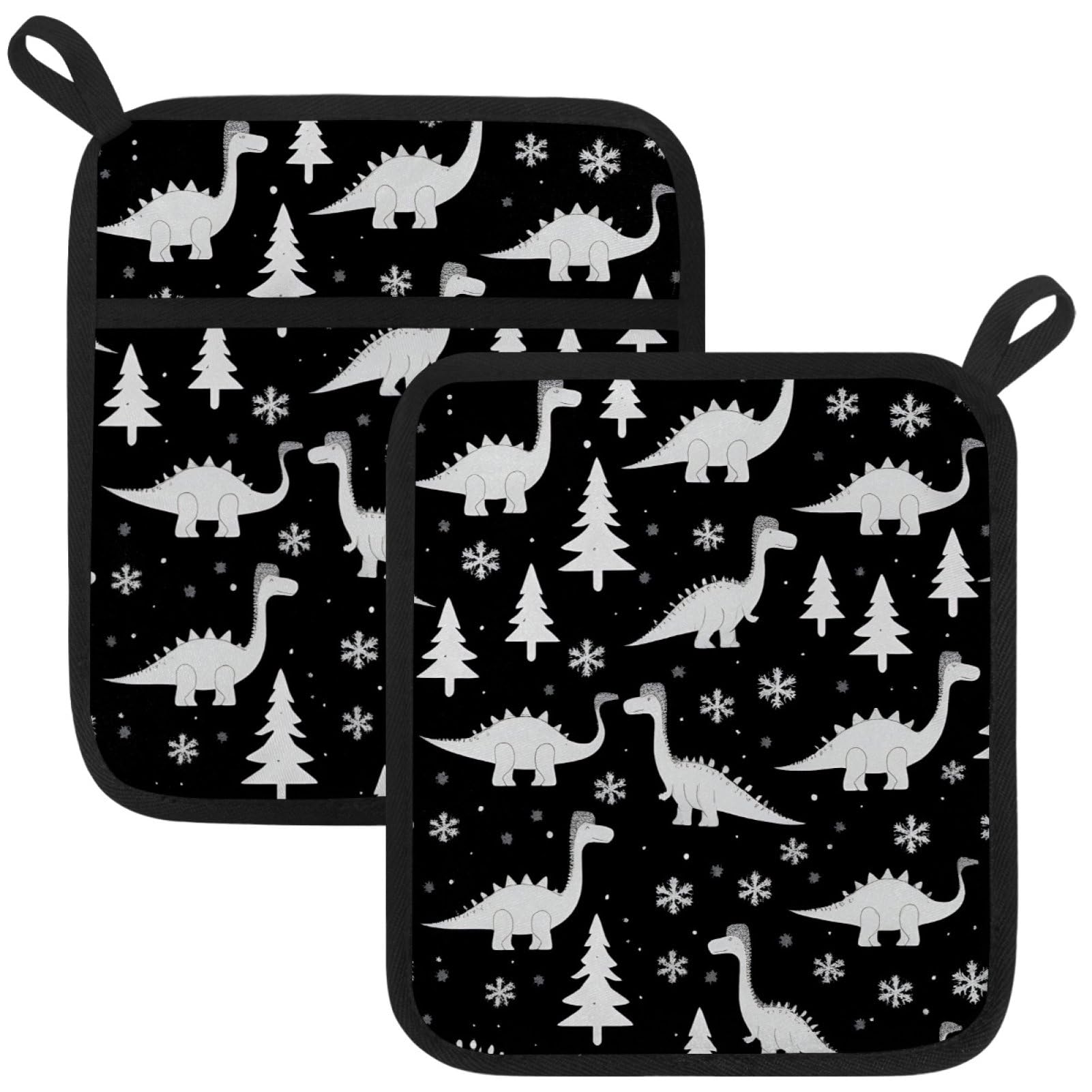 VAPOKF Winter Dinosaurs Pot Holders with Pocket for Kitchen Heat Resistant Potholders Large Polyester-Cotton Square Oven Mitts Set
