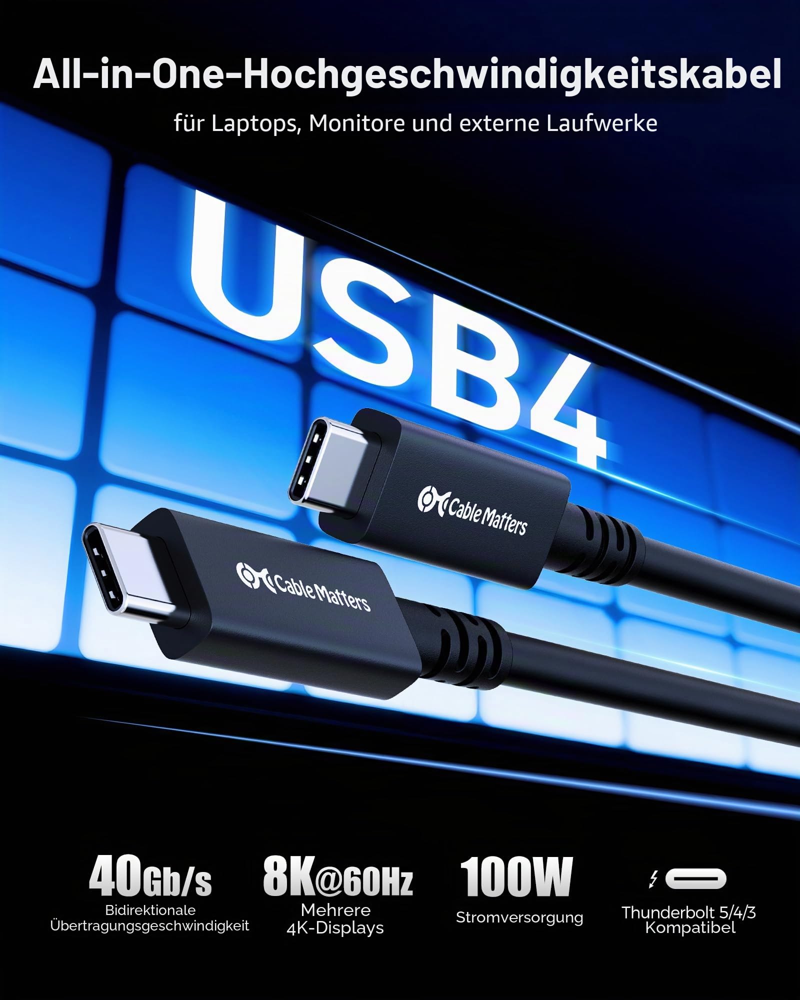 Cable Matters 40Gbps Active USB4 Kabel, mit 8K Video und 100 W, 3m | Thunderbolt 4/3, USB-C für VR Headset, Dockingstationen, MacBook, DELL XPS, Surface Pro und mehr
