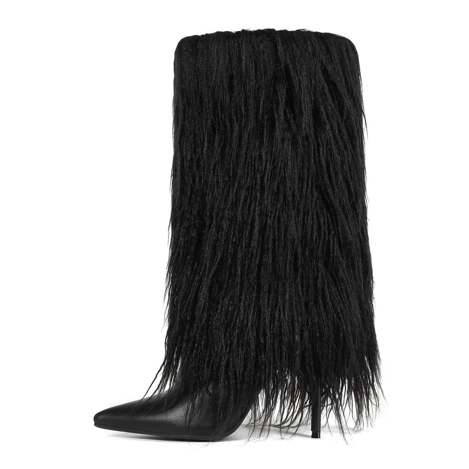 Womens 2-in-1 Fur Knee High Heeled Boots Furry Fold Over Mid Calf Pointed Toe Boots with Removable Snap-Off