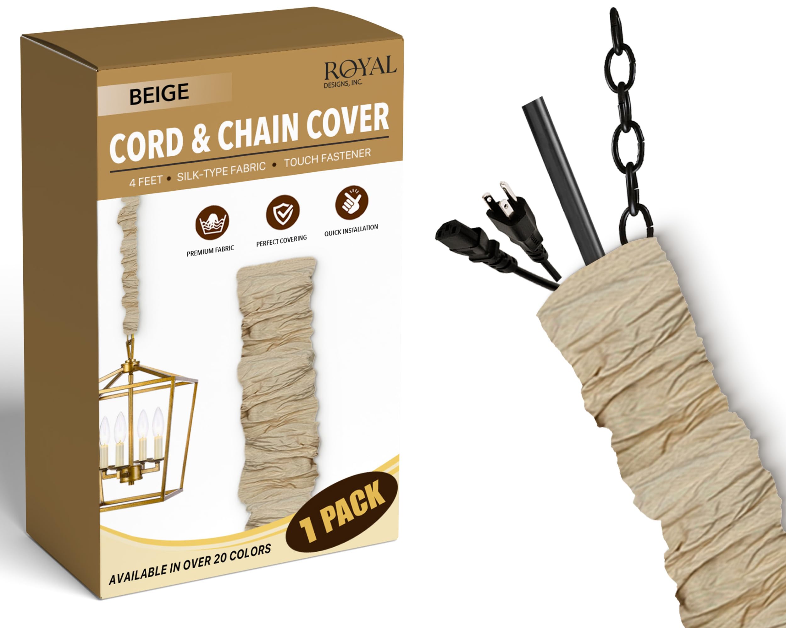 Royal Designs, Inc. CC-18-BG Cord &amp; Chain Cover 4' Silk-Type Fabric Touch Fastener, Beige