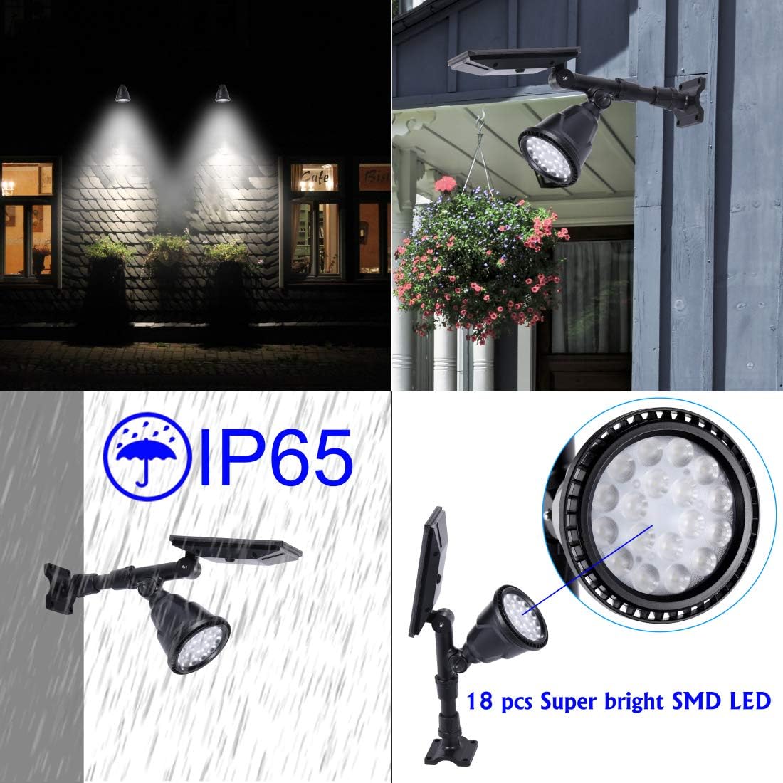 Solar Spotlights Outdoor 18 LED 300 Lumens Waterproof Adjustable Wall Light for Patio Garden Driveway (2 Pack)