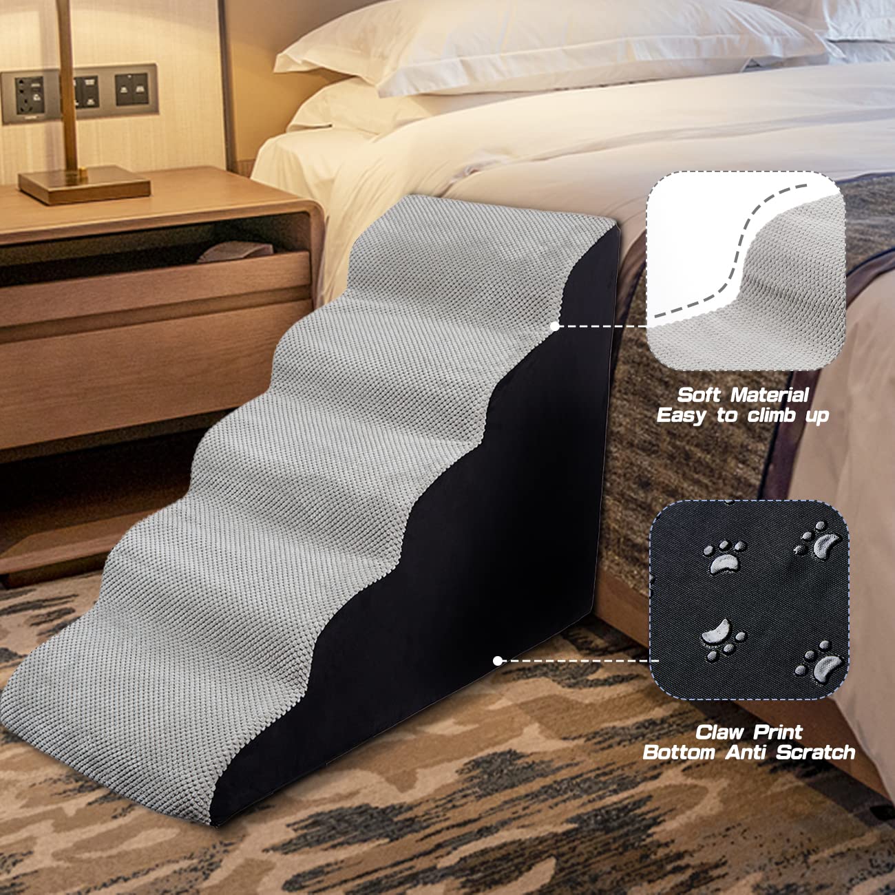 A.FATI 24.4" Dog Stairs for High Bed, 5 Tiers Foam Dog Ramps/Stairs/Ladder for Couch, Non-Slip Pet Steps, Best for Older Dogs, Cats, Puppies, Injured Dogsâ€¦