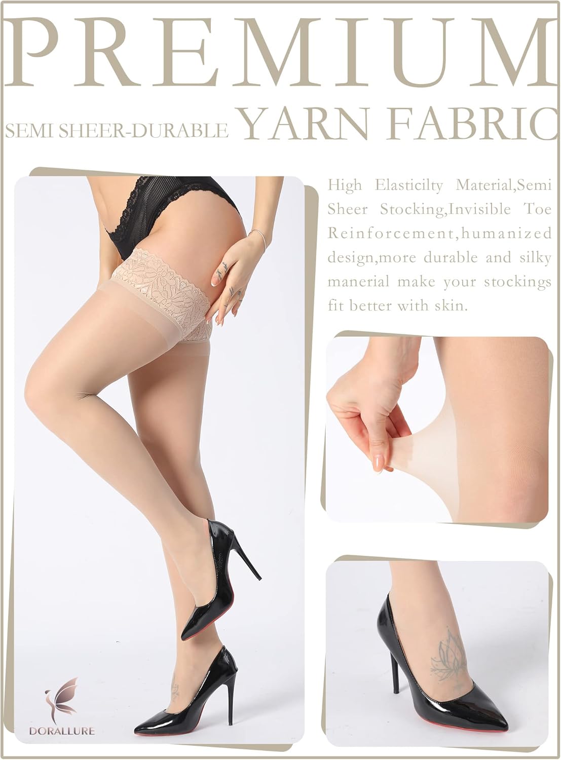 DORALLURE Thigh High Stockings Silicone Lace Top Stay Up Silky Semi Sheer Pantyhose for Women Hold Up Nylon - Image 4