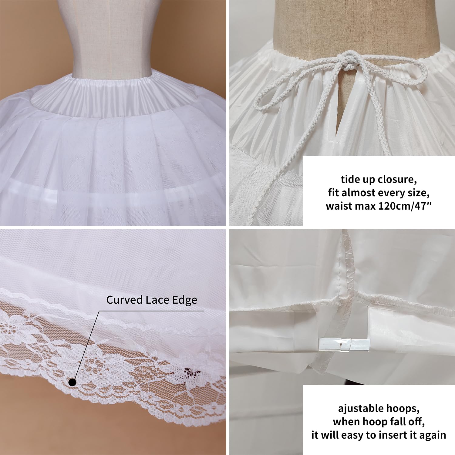 BBSET Women Puffy Crinoline Petticoat 6 Hoop 2 Tulle Layers Skirt Slips Long Underskirt for Quinceanera Wedding Bridal Dress