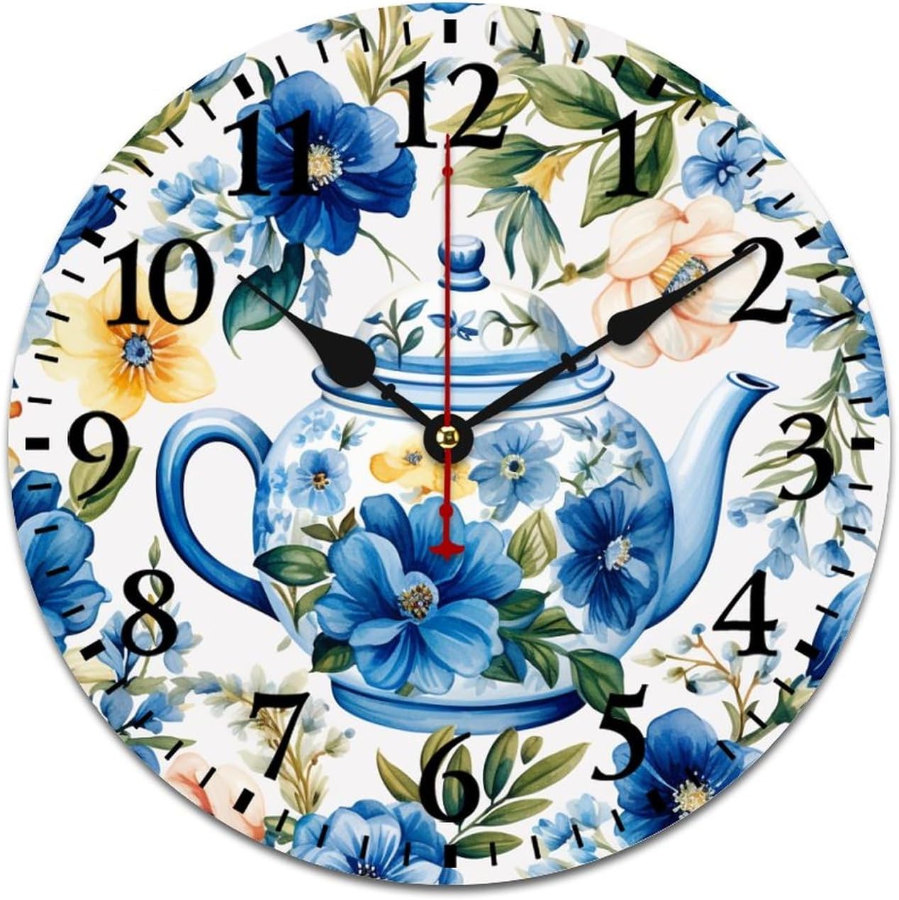 Watercolor Floral Teapot Clock Beautiful Bunch of Flower Kitchen Wall Clock Battery Operated Silent Living Room Bedroom Kitchen Farmhouse Decor Arabic Numeral 16 Inch Round
