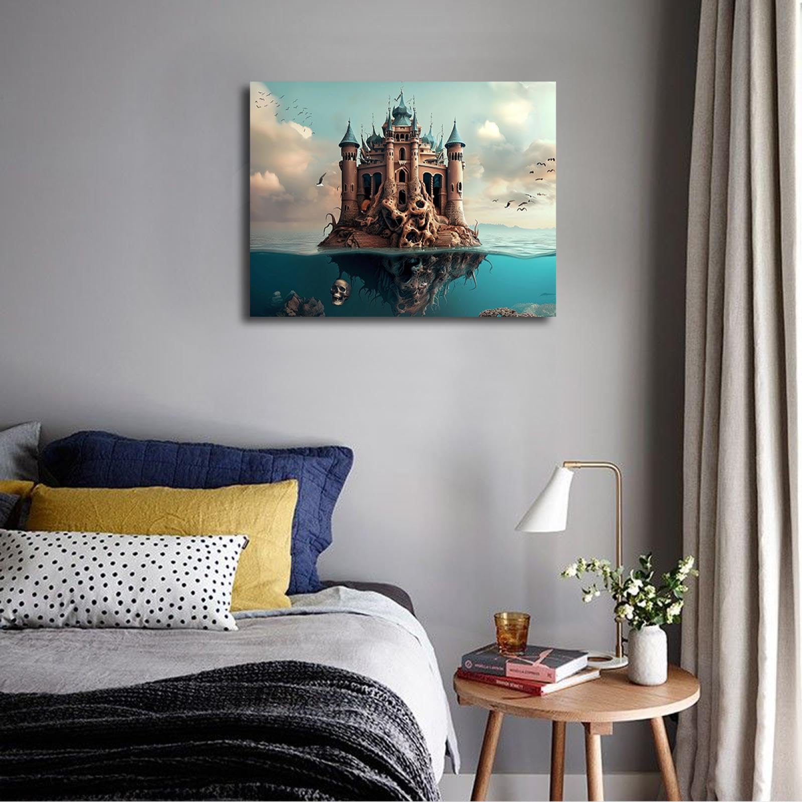 UIRINGART Palais gothique squelette toile art mural horreur crâne impression sur toile affiche surréalisme paysage photo oiseaux volants décor mural 75x100cm cadre intérieur