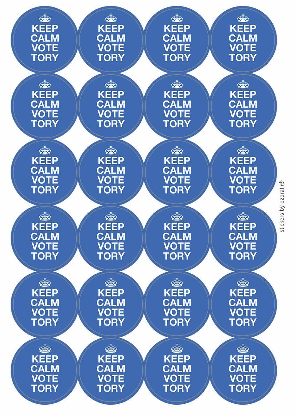 Keep Calm Vote Tory Conservative Circular Matt Paper Stickers A4 Sheet of 24 (Each Sticker is 45mm Diameter)