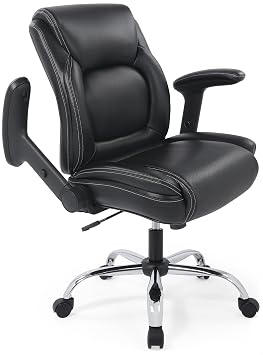 Ergonomic Heavy Duty Mid-Back Padded Bonded Leather Padded Adjustable-Height/Tilt Office Chair, Comfortable Swivel Computer Desk Task Office Stool with Functional Arms, Design for Sedentariness, Black