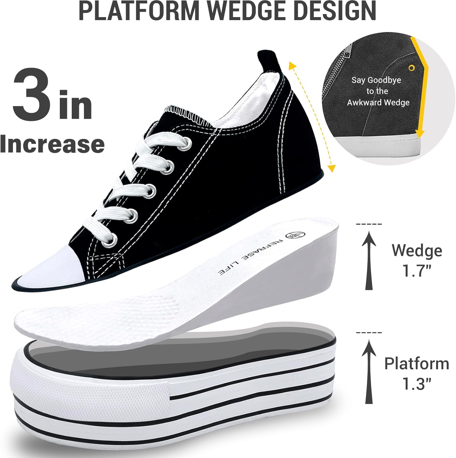 REFRASE LIFE Womens Platform Sneakers with Wedge 3 Inches Height Boost Hidden Heel Shoes, Casual Height Increase Walking Fashion Shoes for Women and Girls - Image 4