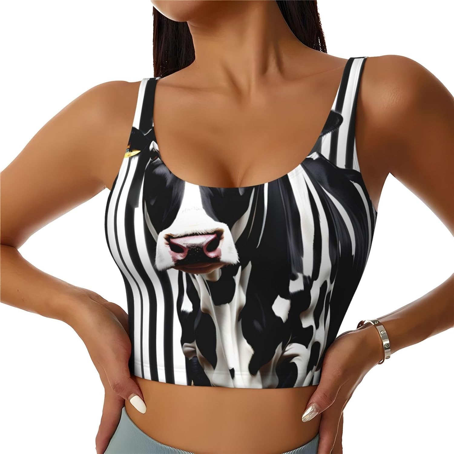 Black White Milk Cow Print Women's Strappy Sports Bra, Stretch Gym Bras U Neck Yoga Tops, Comfort Seamless Bra