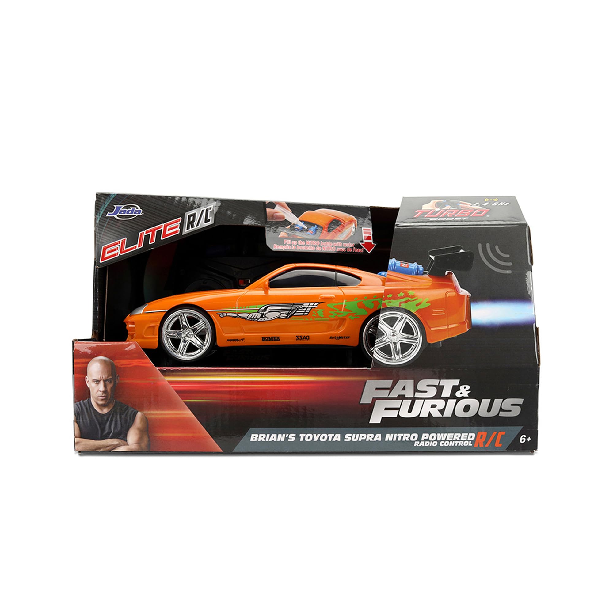 Jada Toys - Fast & Furious, Toyota Supra RC 1995 in scala 1:24, radiocomando 2,4 GHz a 2 canali, funzione Turbo ed effetto vapore – Auto telecomandata ufficiale Fast & Furious