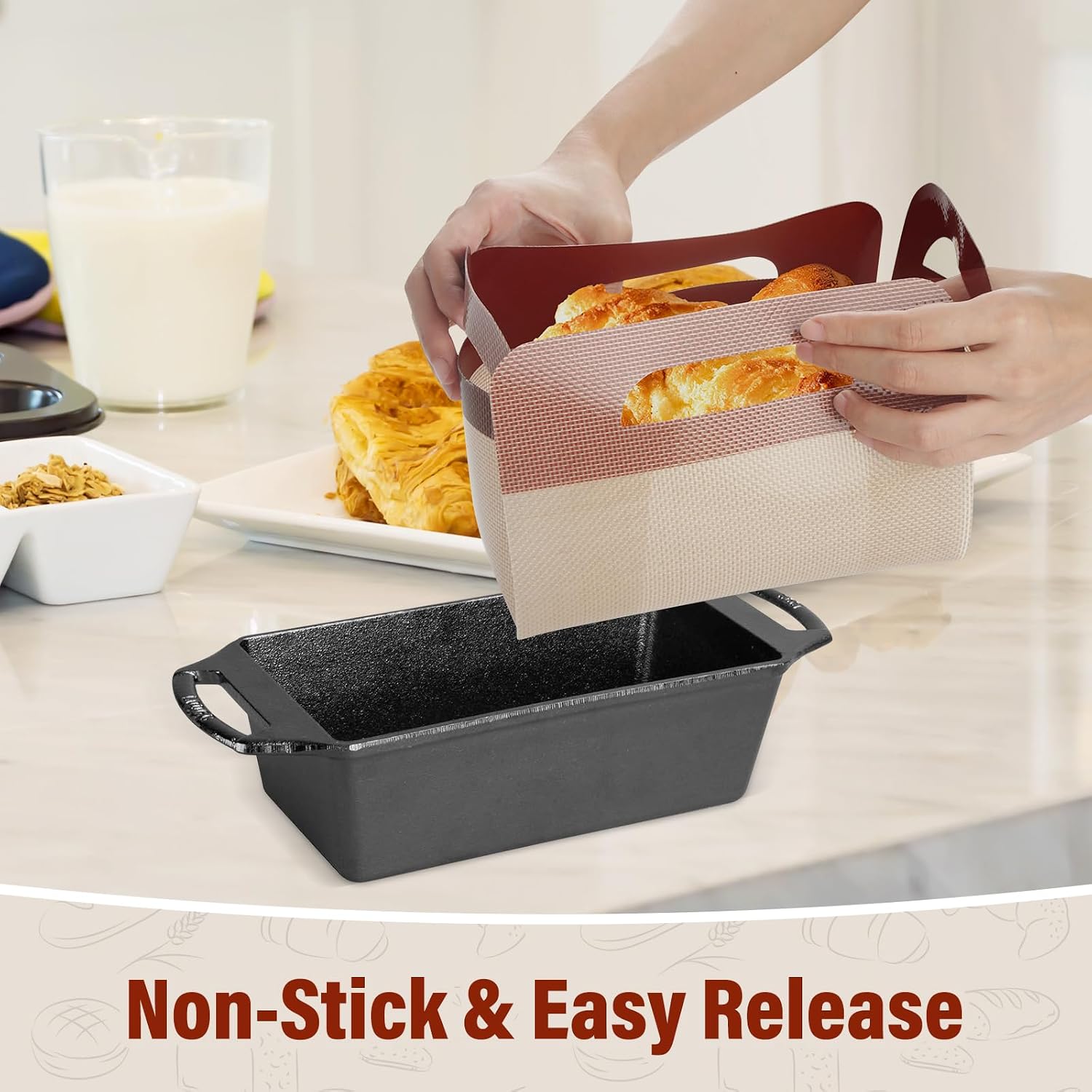 Upgraded Loaf Pan Liners with 4 Handles, 2 PCS Reusable Silicone Bread Sling, Bread Sourdough Baking Mat Non-Stick & Easy to Clean, Best Fits 9x5" or 1.5lb Loaf Pans, Black & Red
