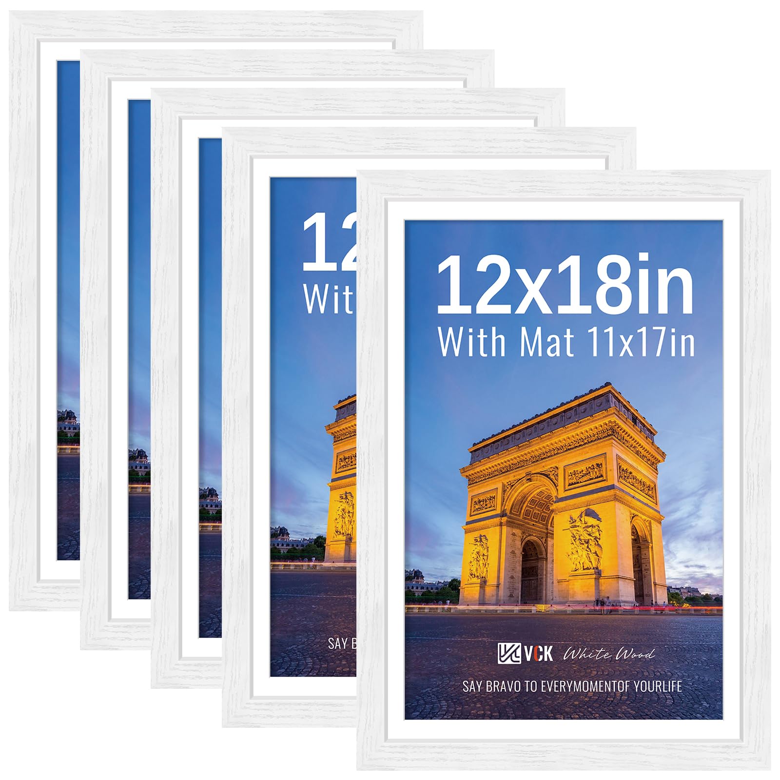 VCK 12x18 Picture Frame 5 Pack, White Exclusive Wood, HD Glass, for Artwork