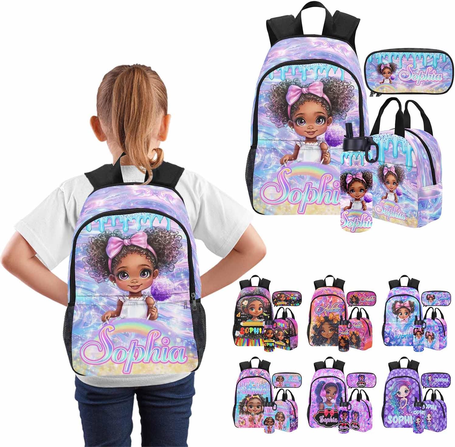 Custom Backpack with Name for Kids Girls-Personalized Toddler Backpacks with Lunch Box Set-Customized Back to School Bookbag Butterfly Black Girl Schoolbag Birthday Gifts for Preschool Kindergarten