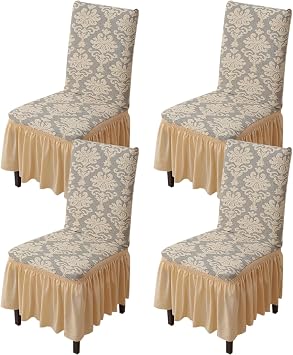 Rakila Set of 4 Jacquard Stretch Chair Covers with Skirt Washable Removable Chair Protector for Dining Kitchen Beige, 4 Pack