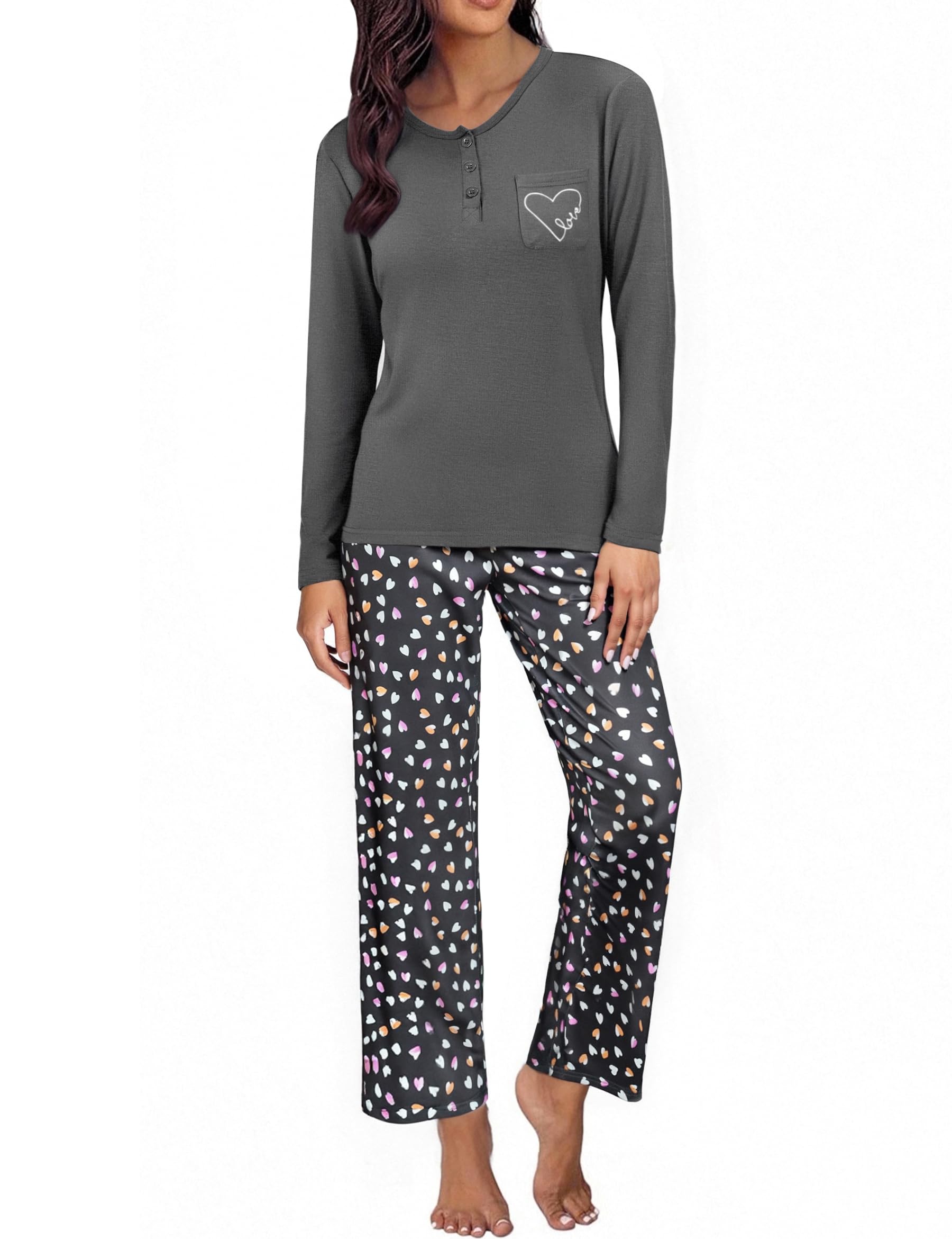 Demegimi Schlafanzug Damen Lang Pyjama Baumwolle Winter Nachtwäsche Rundhals Schlafanzüge mit Herzen Loungewear Sleepwear Hausanzug