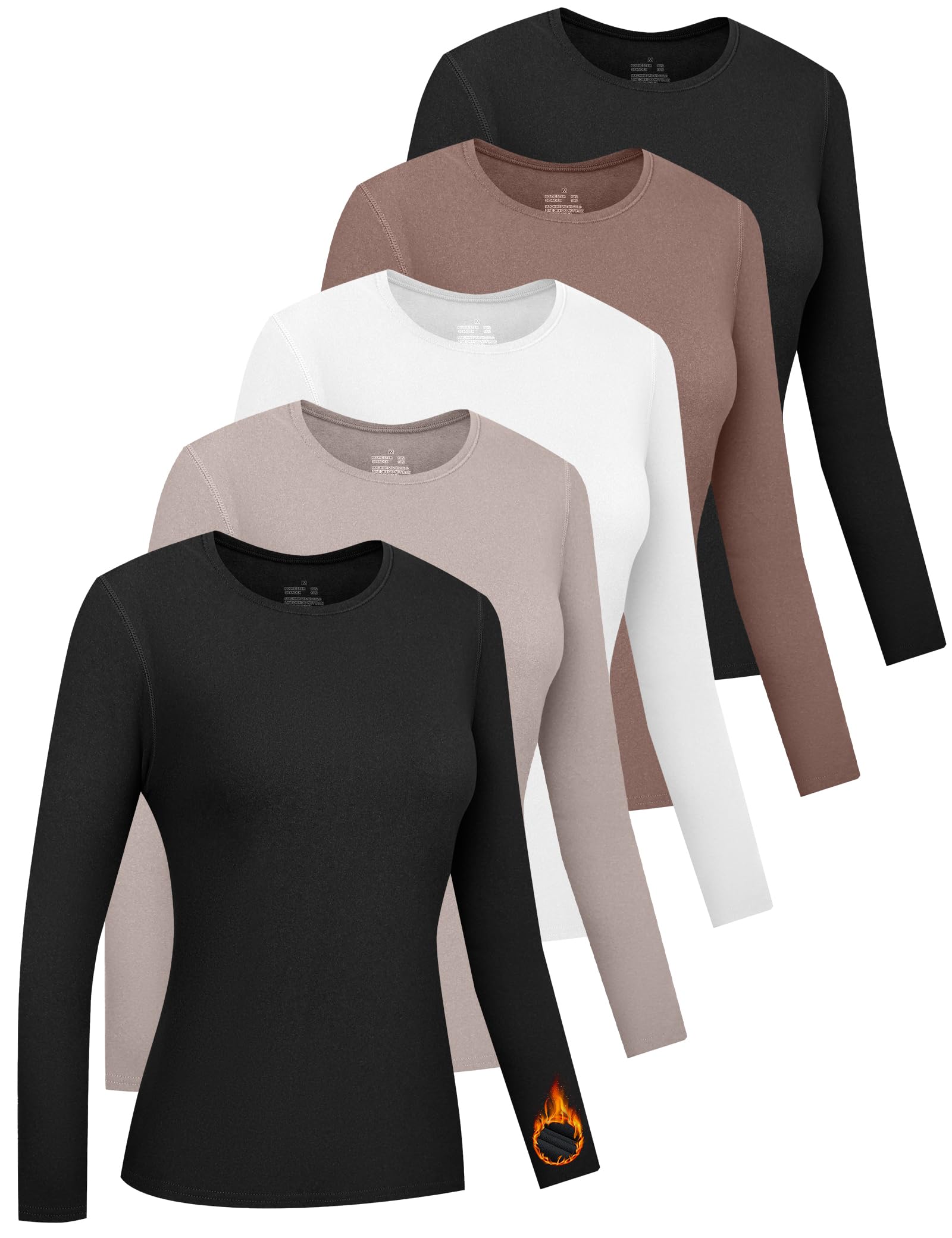 HOPLYNN 5 Pack Womens Long Sleeve Thermal Shirts Crew Neck Double Sided Fleece Lined Baselayer Tops for Cold