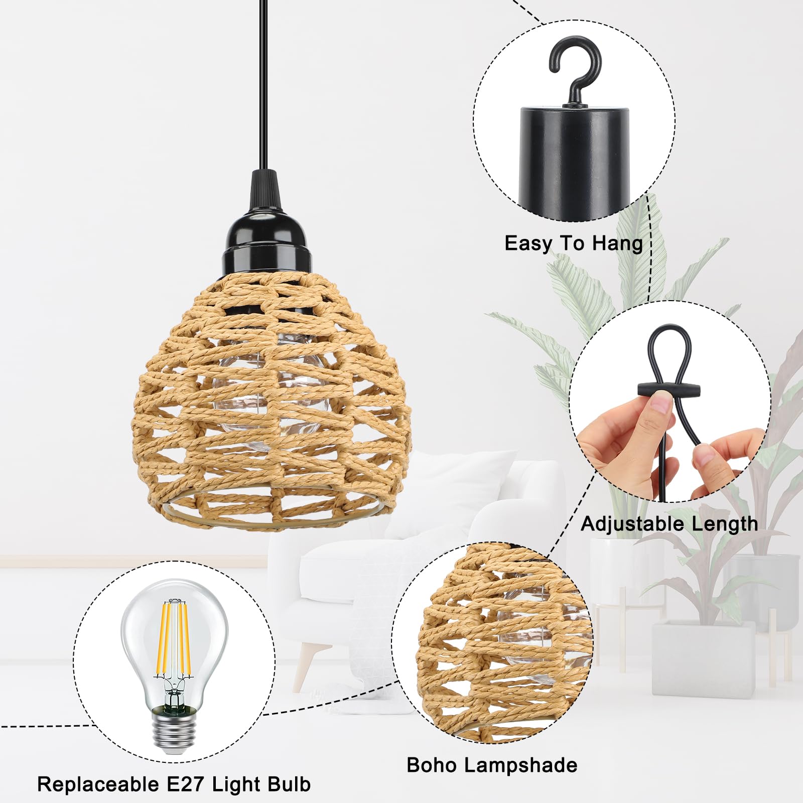 Lampada a Sospensione a Batteria, 3 Lampadario Rattan da Esterno Con Telecomando, Regolabile, Timer, IP65 Impermeabile Per Interni Gazebo Giardino Campeggio pranzo