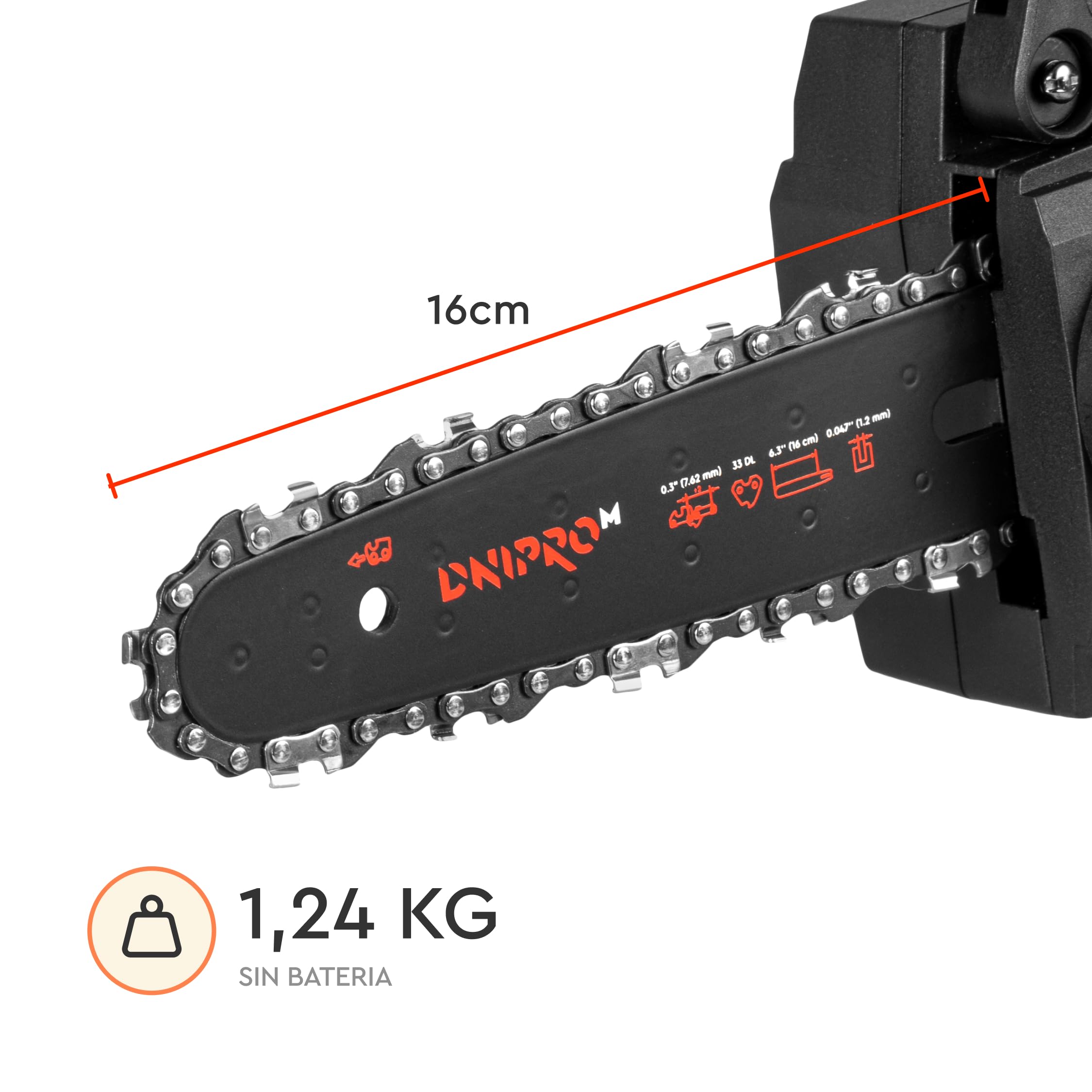 Mini Motosierra Batería DMS-201BC - Motor Brushless 20V, 4.400 RPM - Motosierra Eléctrica Pequeña Compacta, Guía 16 cm, Cadena 7,5 m/s, 1,2Kg, Tensado Sin Llave - Batería 6Ah y Cargador - Por Dnipro-M