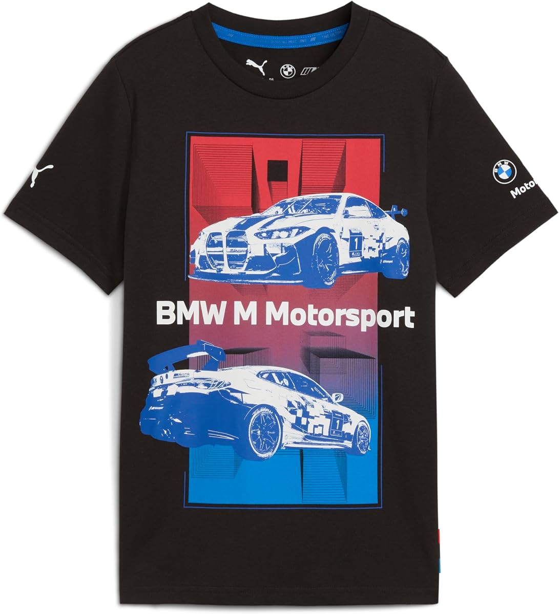 Camiseta gráfica BMW M Motorsport unisex para niños, bloque negro AH25, niño grande mediano