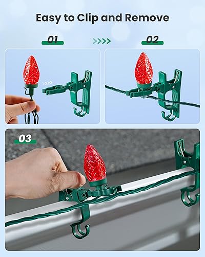 Miniatura 6 de SURAIELEC C9 Luces LED de Navidad con clips, 67 pies, 100 luces de techo de Navidad para exteriores con clips de resorte, luces rojas y blancas