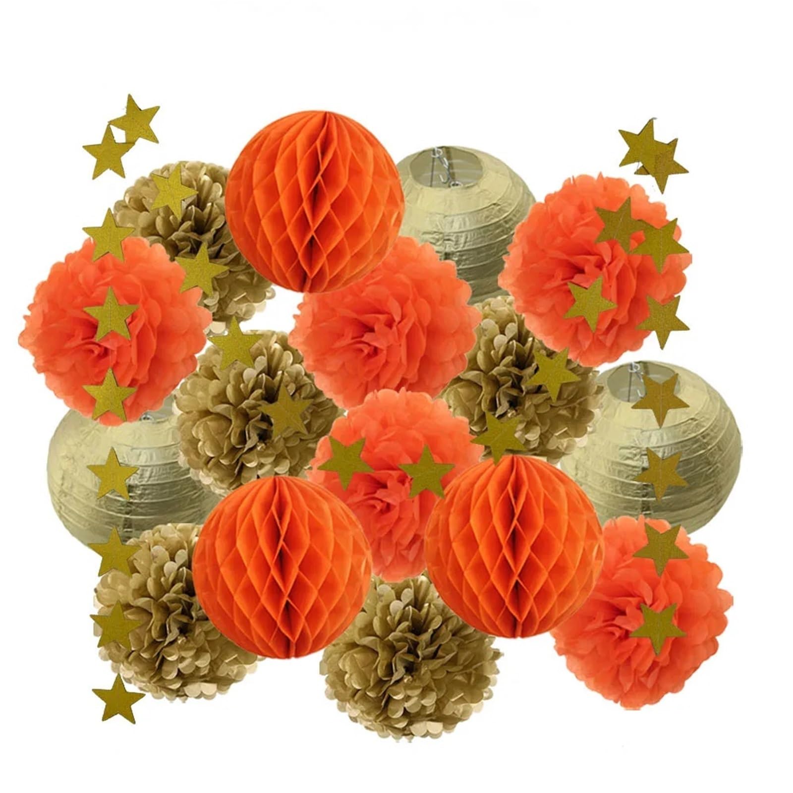 Paper Pom Poms Wedding Ceremony Events Decor Gold Paper Lanterns Honeycomb Red Tissue Pompom for Party Supplies(Gold Orange)
