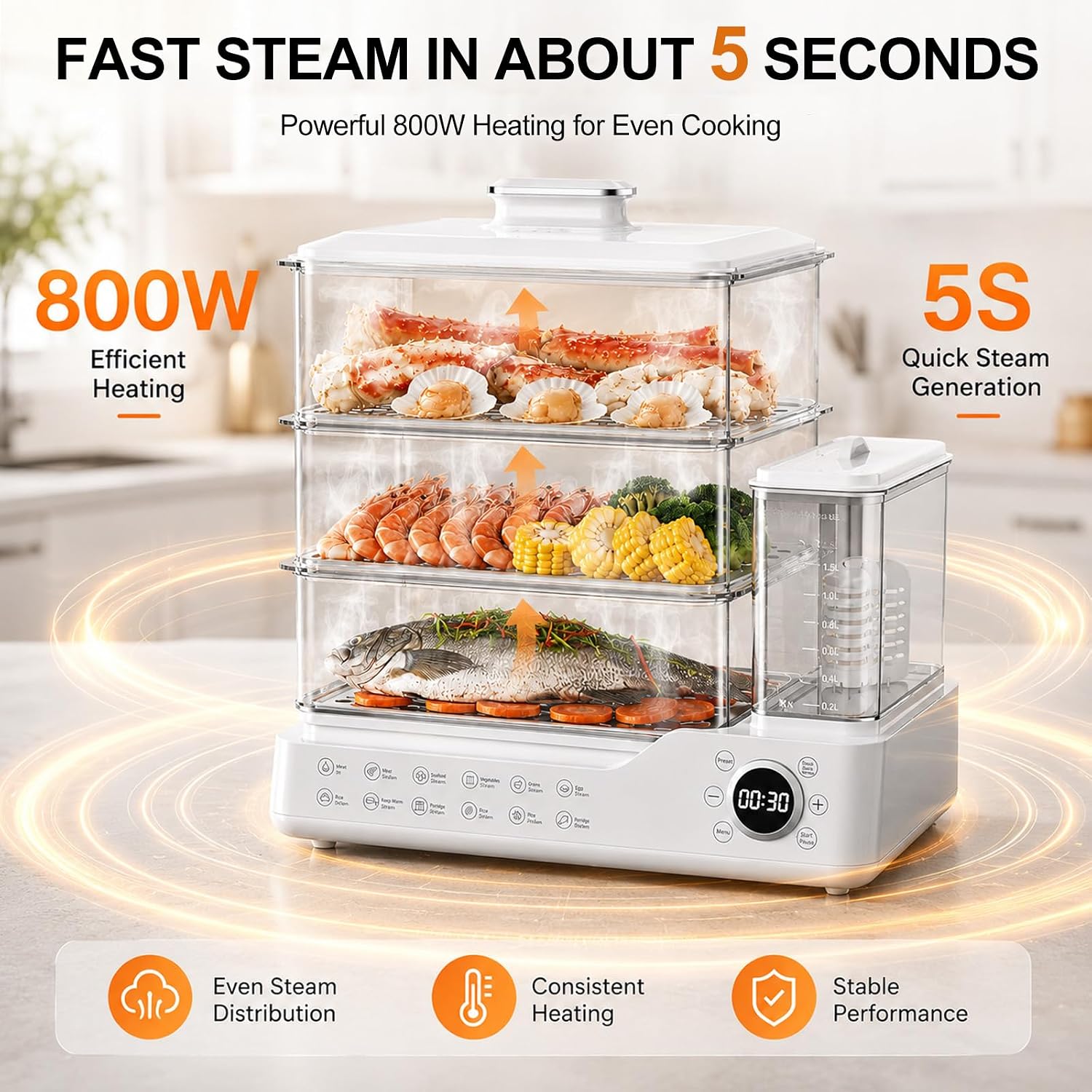 24L Electric Food Steamer, 3-Tier Food Steamer, Stainless Steel Steam Cooker with Detachable Water Tank 24-Hour Timer & Auto Keep Warm for Vegetables Seafood Eggs